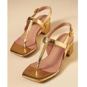 Bibi Lou Rosie Gold T-strap Chunky Heel Sandals Statement Size 38